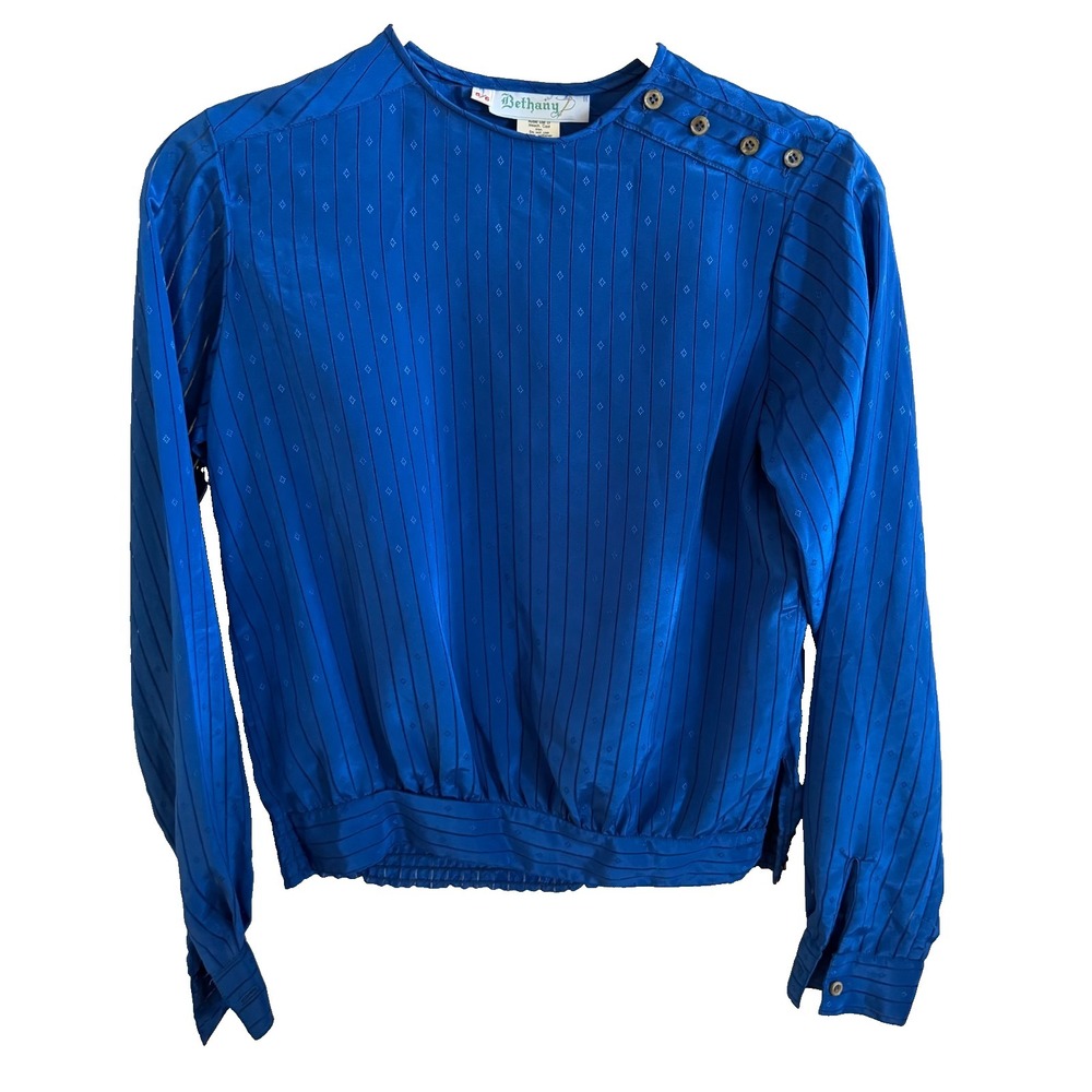 Vintage Bethany USA cobalt blue blouse 5/6 Pleated Sheer Office Siren Bold